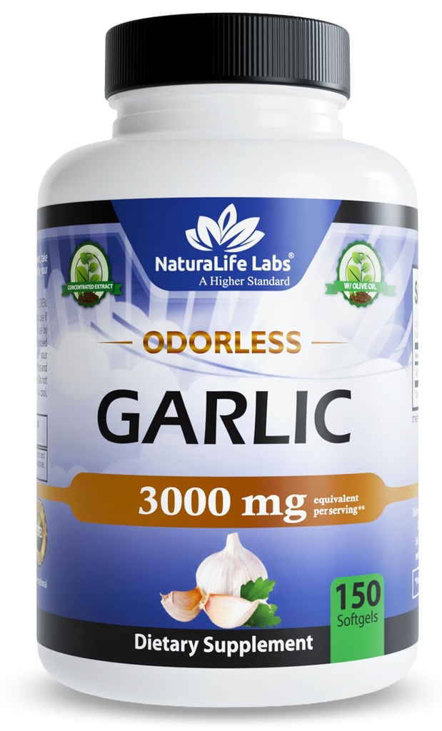 NaturaLife Labs Odorless Hvidløg - 3.000 mg Ækvivalent per servering - 150 Softgels - Koncentreret Hvidløg Bulb ekstrakt med Økologisk Ekstra Jomfru Olivenolie - Non- GMO, Gluten- Free