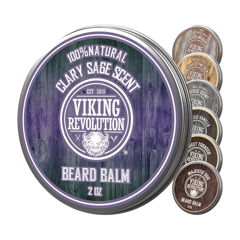 Viking Revolution Clary Sage Beard Balm - Beard Smør med Argan Oil, Beard blødgøringsmiddel til mænd med Jojoba Oil - Beard Moisturizer til mænd med bivoks - Beard Wax til mænd (2oz, 1 Pack)