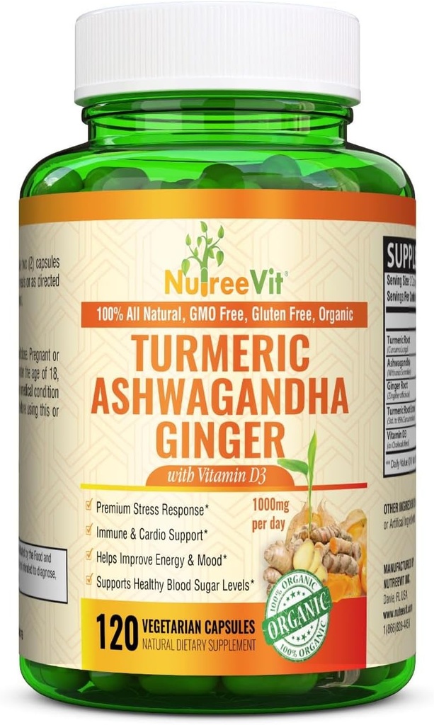 NutreeVit Økologisk gurkemeje med Ashwagandha & Ginger - 120 Kapsler - 124; Ashwagandha Root & Gurkemeje Supplement med D3- vitamin