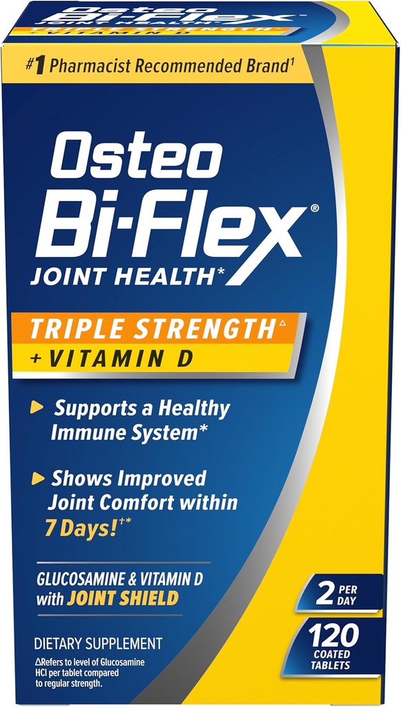 Osteo Bi- Flex Triple Styrke med D-vitamin Glucosamin Chondroitin Fælles sundhedstillæg, overtrukne tabletter, rød, 120 Greve