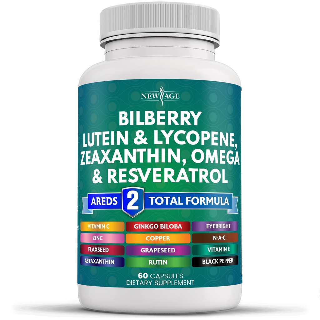 NEW AGE Eye Health Vitamin med Bilberry Lutein & Zeaxanthin Lycopene Resveratrol Grape Seed Astaxanthin - Eye Vitamin - 60 Greve