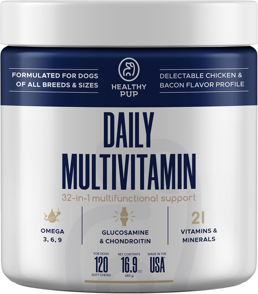 Dog Multivitamin Supplement - 120 Soft Chew Dog Vitamins and Supplements with Omega, Probiotics, Glucosamine, and More - for Small, Large, and Senior Dogs