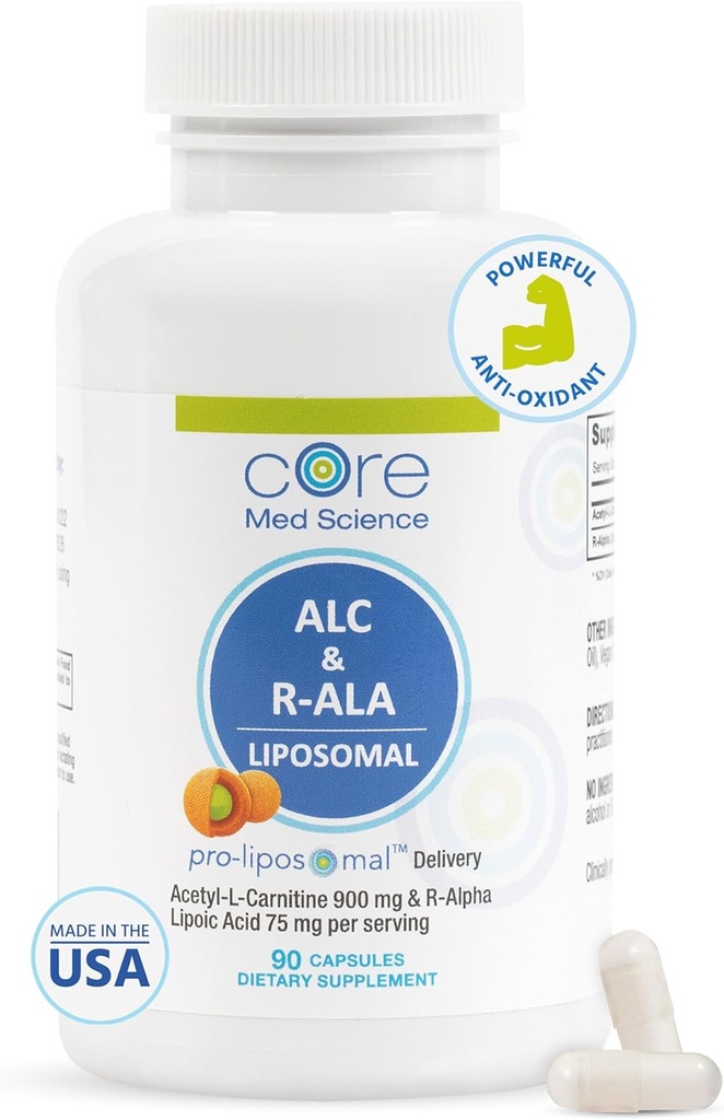 Core Med Science Liposomal ALC & R- ALA supplement kapsler - Acetyl- L- Carnitin (900mg) & R- Alpha Liposyre (75mg) - fremmer energi & fokus - støtter Mental Function & Memory Cognition (90 Tæl)