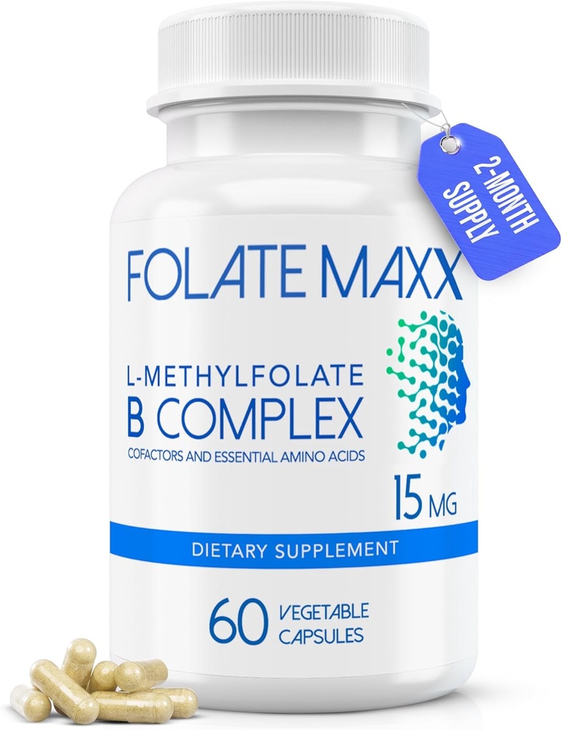 FolateMaxx L-Methylfolate + B12 Methylcobalamin & B6 Blend (15mg) - 60 Capsules - Active B-Complex with Cofactors & Essential Amino Acids - Non GMO, Gluten Free, No Fillers