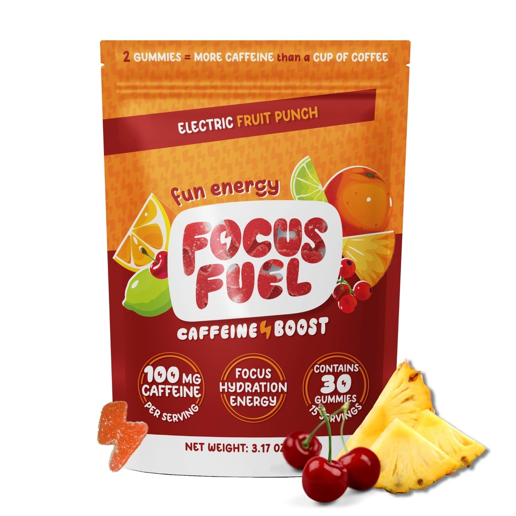 FocusFuel Energy Chews - Fruit Punch Flavor (15 Servere) - 100mg Koffein + L- Theanine + B12, Magnesium - Boost Focus & Energy - Ingen Crash eller Jitters
