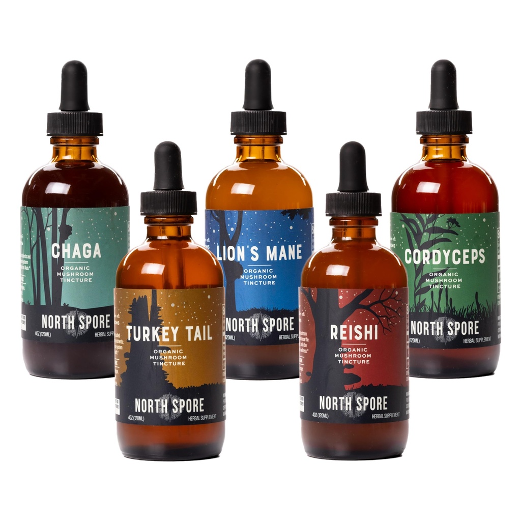 North Spore (5-Pack) Mushroom Tincture Variety Pack, 4 oz Each | Lion's Mane, Chaga, Cordyceps, Turkey Tail, Reishi | Organic, Vegan, Non-GMO | 100% Fruiting Body Extracts
