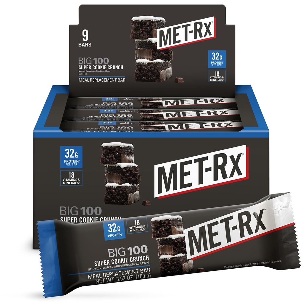 MET- Rx Big 100 Protein Bar, Meal Erstatningsbar, 32G Protein, Super Cookie Crunch, 9 Barer (pakke med 1)