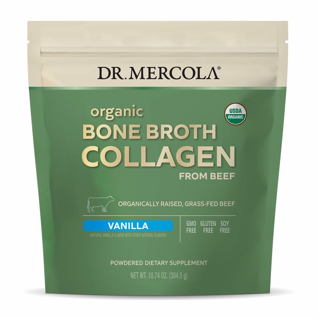 Dr. Mercola Organic Bone Broth Collagen Powder - Understøtter ben sundhed & muskelvækst - USDA Organic, Non- GMO, Gluten- Free & Dairy- Free - 30 Servere - Vanilla Flavor