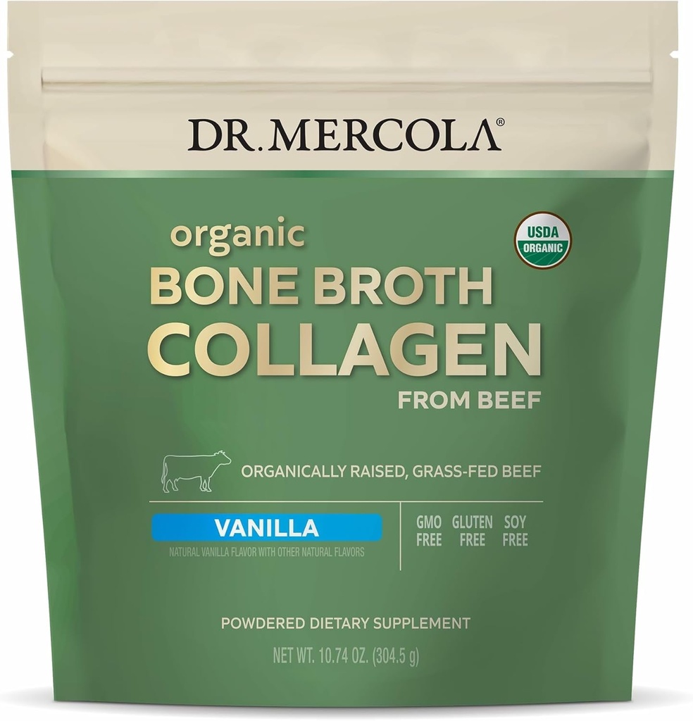 Dr. Mercola Organic Bone Broth Collagen Powder - Understøtter ben sundhed & muskelvækst - USDA Organic, Non- GMO, Gluten- Free & Dairy- Free - 30 Servere - Vanilla Flavor