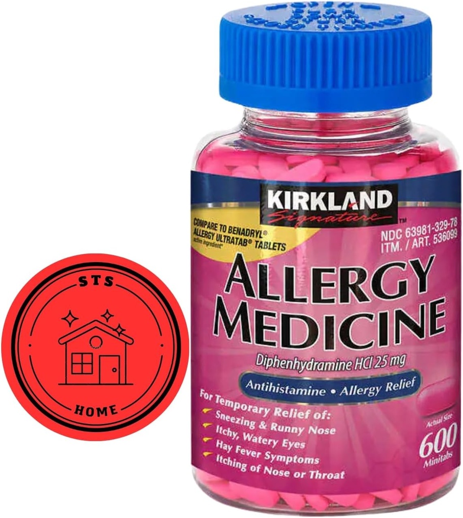 KirkIand Signature Allergy Medicine Diphenhydramin HCI 25 Mg, 600 Minitabs + STS Sticker.