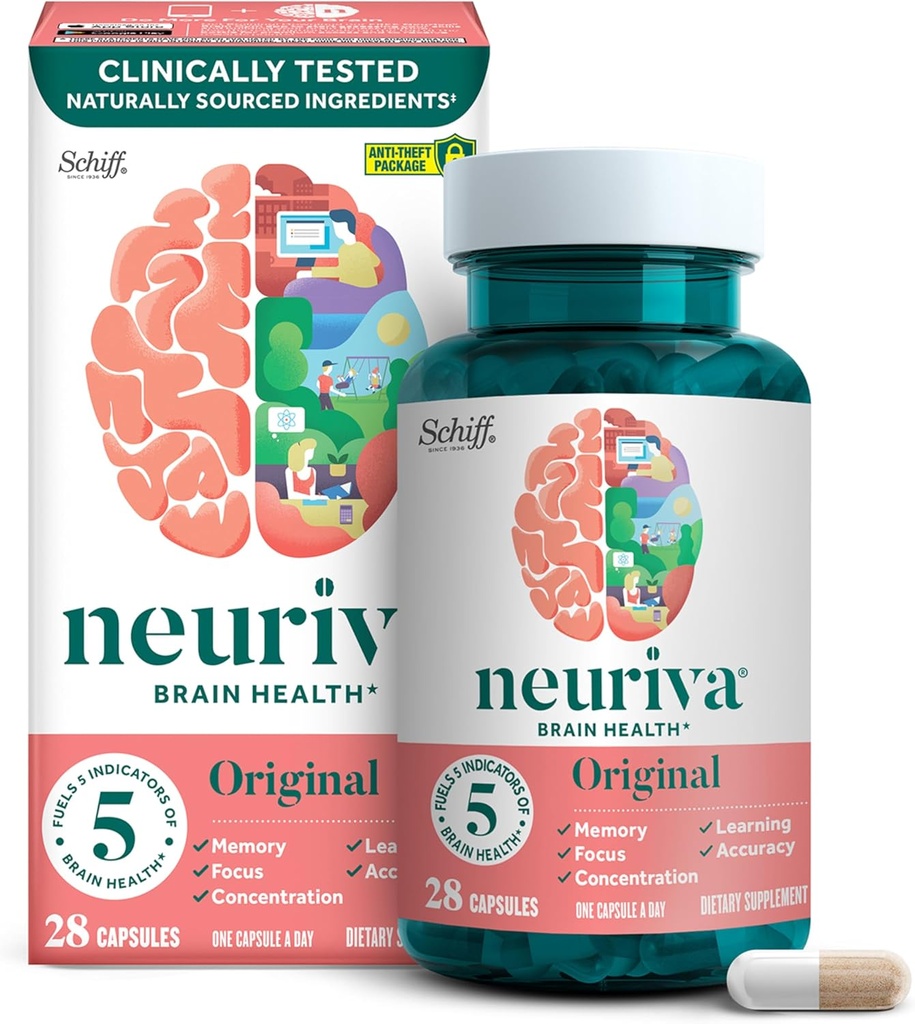 NEURIVA Original Decafeteret klinisk testet Nootrop Brain supplement til hukommelse, fokus & koncentration, NeuroFactor & Phosphatidylserin, 28ct kapsler