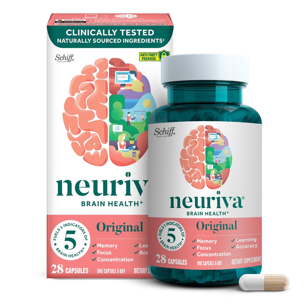 NEURIVA Original Decafeteret klinisk testet Nootrop Brain supplement til hukommelse, fokus & koncentration, NeuroFactor & Phosphatidylserin, 28ct kapsler