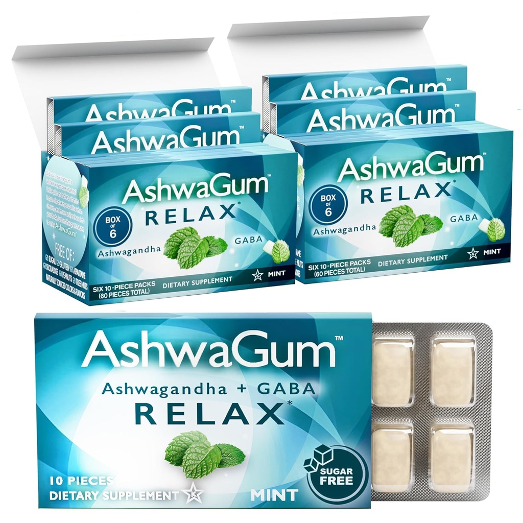 AshwaGum RELAX Gum af BetterGum, High Potency Supplement med KSM 66 Ashwagandha og Gaba, Understøtter stress og spænding Relief, Alternativ til Gummies, Sugar- Free, Pack af 2