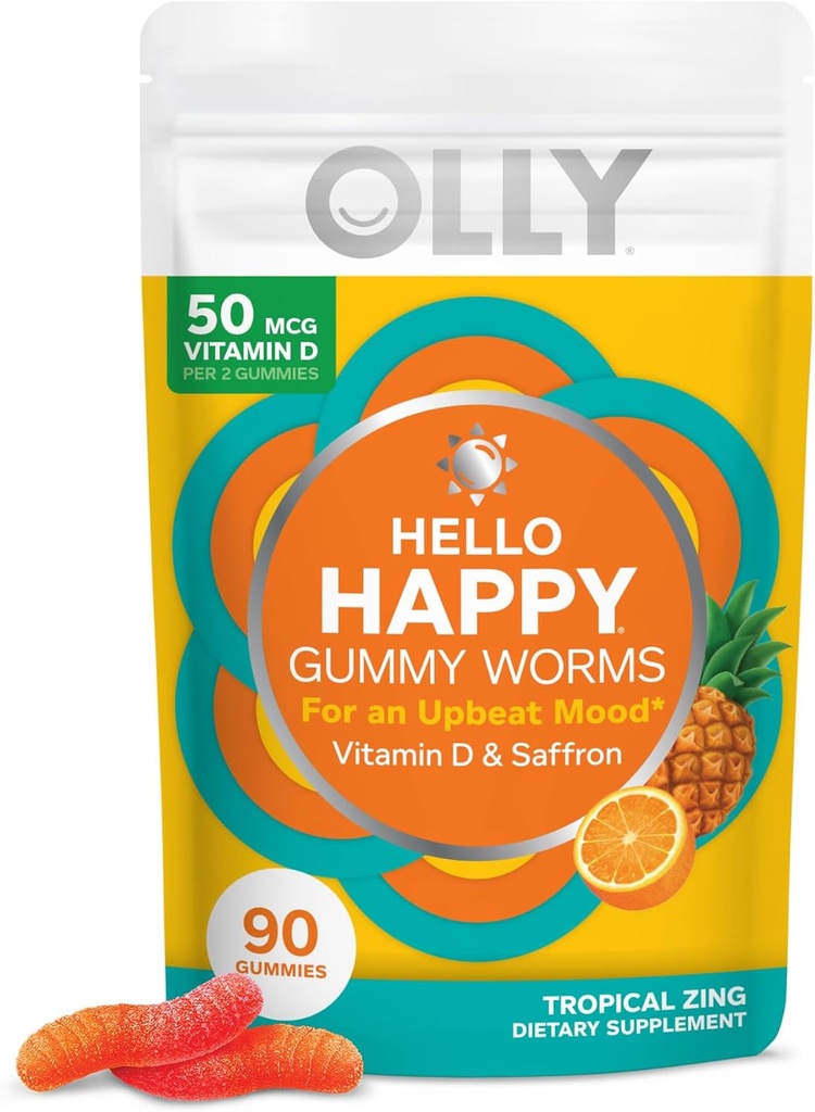 OLLY Hello Happy Gummy Worms, Mood Balance Support, D-vitamin, safran, Voksen Chewable Supplement, Gluten Free, Tropical Zing - 90 Greve