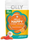 OLLY Hello Happy Gummy Worms, Mood Balance Support, D-vitamin, safran, Voksen Chewable Supplement, Gluten Free, Tropical Zing - 90 Greve