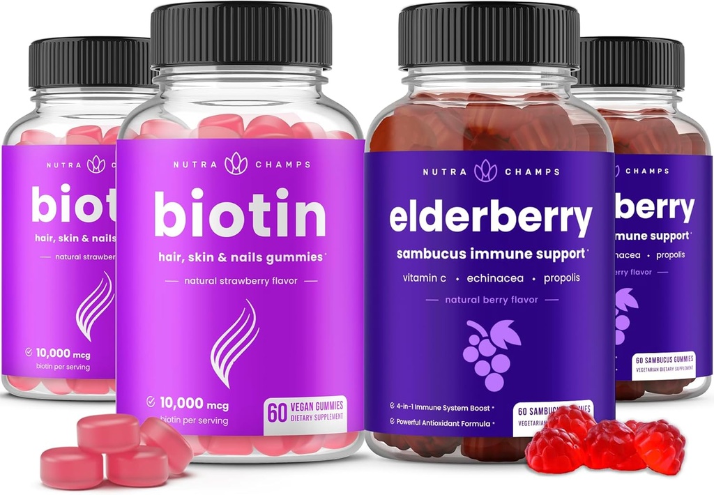 NutraChamps Biotin Gummies (2 Pack) og Elderberry Gummies (2 Pack) 4 Pack Bundle