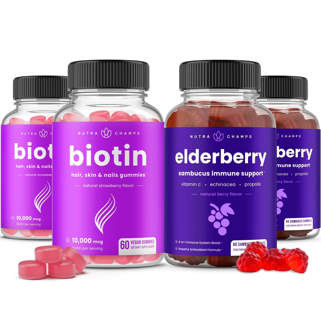 NutraChamps Biotin Gummies (2 Pack) og Elderberry Gummies (2 Pack) 4 Pack Bundle