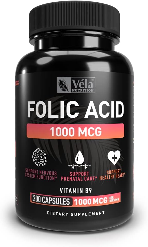 Folinsyre tillæg: 124; 1.000 mcg per servering, 200 kapsler; Support Heart Health, Prenatal Support Supplement: 124; Non- GMO, 3. part testet