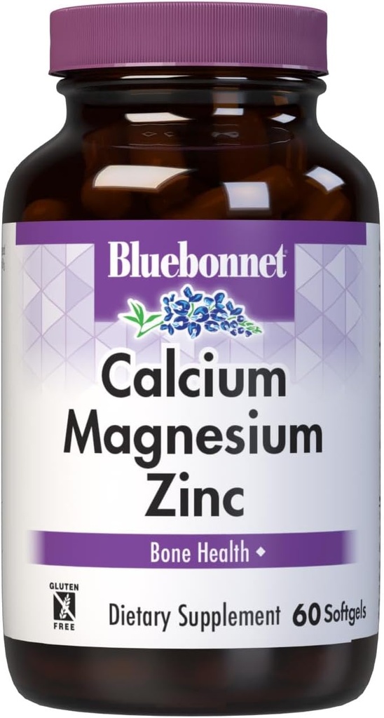 Bluebonnet Nutrition Calcium Magnesium Zink Plus Vitamin D3, 1000 mg Calcium, 500 mg Magnesium og 15 mg Zink, 400 IE Vitamin D3, For stærke sunde knogler *, Glutenfri, Dairy- Fee, 60 softgel