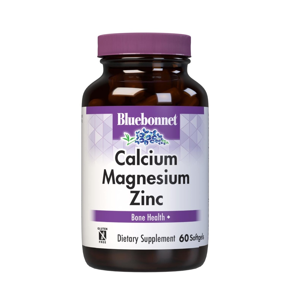 Bluebonnet Nutrition Calcium Magnesium Zink Plus Vitamin D3, 1000 mg Calcium, 500 mg Magnesium og 15 mg Zink, 400 IE Vitamin D3, For stærke sunde knogler *, Glutenfri, Dairy- Fee, 60 softgel