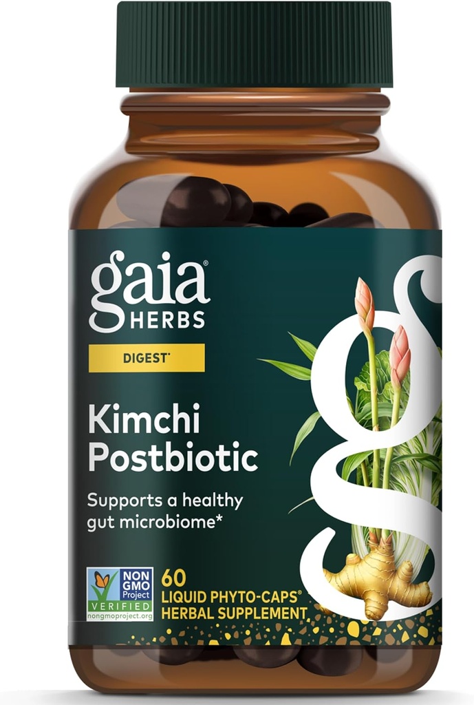 Gaia Herbs Kimchi Postbiotic - Natural fordøjelsestillæg for Gut Health - Lavet med økologisk gæret Kimchi - Gratis fra Dairy, Soy & Gluten - 60 Veganske kapsler (30 Servere)
