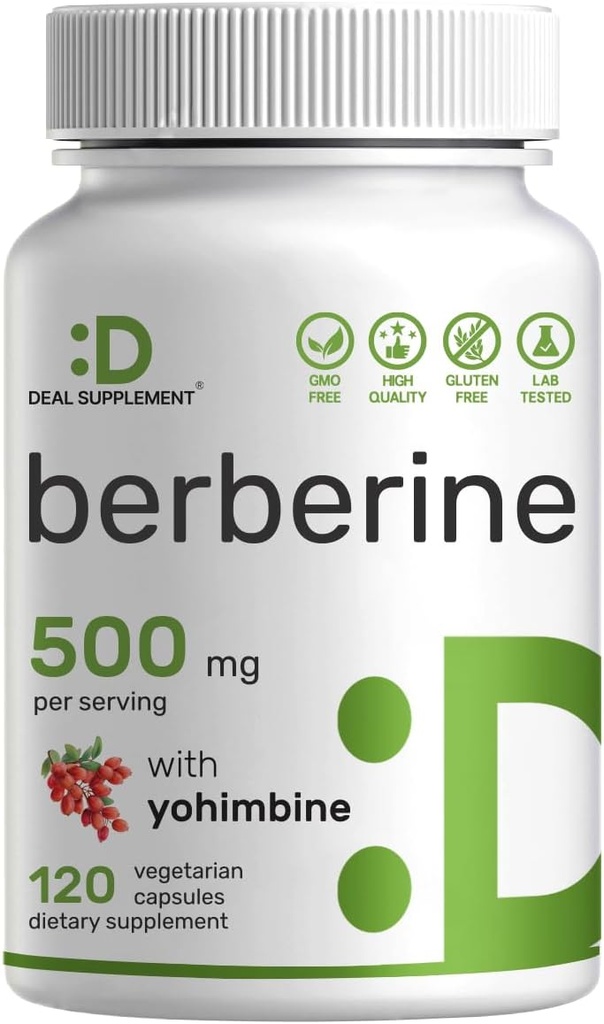Berberine Supplement med Yohimbine, 500mg Per Serving, 120 Veggie Kapsler - Root & Bark Ekstrakter - Høj Absorption Hydrochlorid HCl Forms - Non- GMO, Vegan