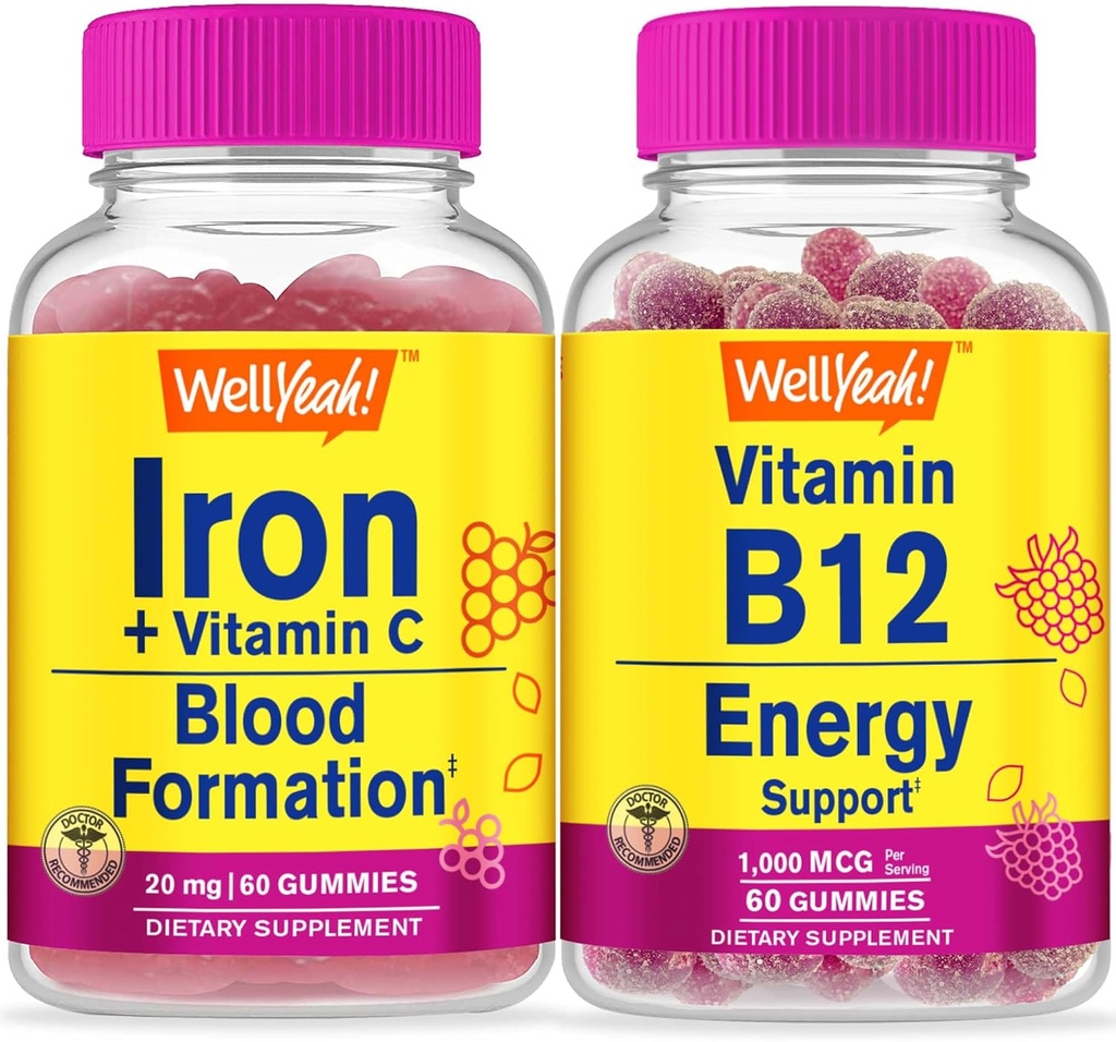 WellYe Iron + C-vitamin + vitamin B12 1000mcg, Gummies Bundle - Great Tasting, Vitamin Supplement, Gluten Free, GMO fri, Chewable Gummy