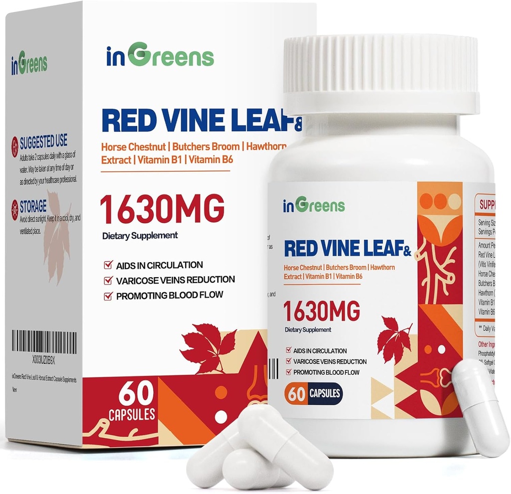 Red Vin Leaf Extract 1630mg med Horse Chestnut, Slagterum, Hawthorn Supplement til Varicose Veins, Leg, Circulation, Heart, Skin, Support for Heart Health, Made in USA, 60 Kapsler