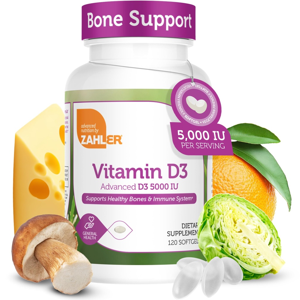 Zahler - Avanceret D3 5000 IE Softgels (120 Greve) Kosher Vegetarisk Friendly D-vitamin til immunforsvar, ben, tænder og muskelsundhed - Dagligt D3 Vitamin supplement til voksne - Easy Swallow V