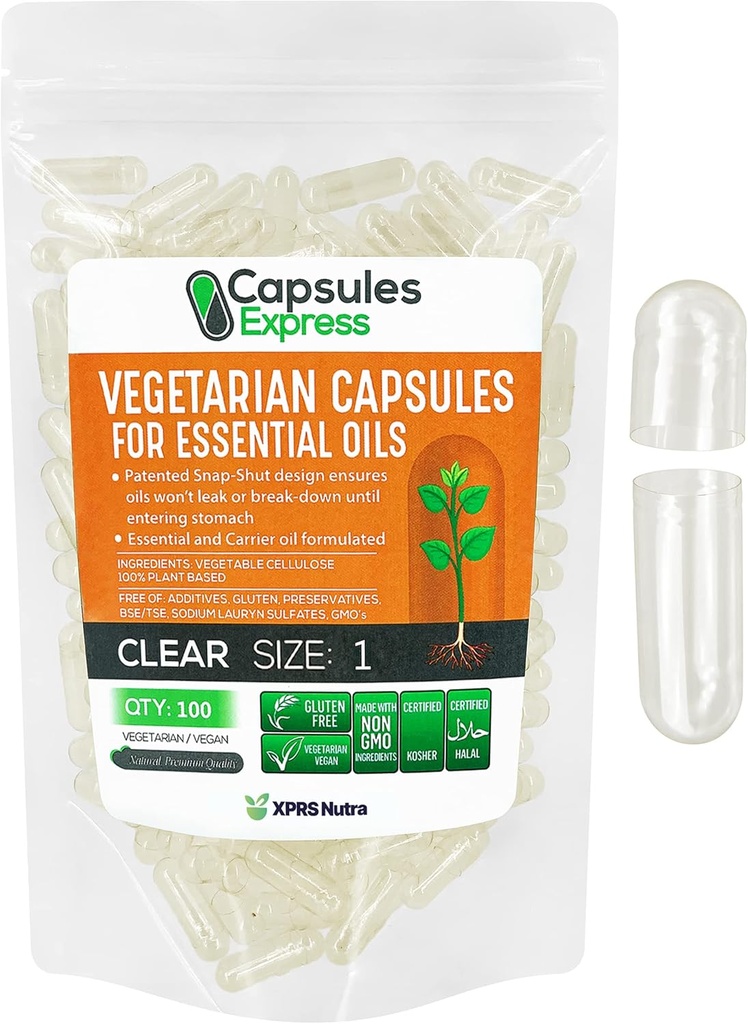 XPRS Nutra Størrelse 1 Tomme Veganske Kapsler - 100 Grev Clear Veggie Kapsler til Mest Væsentlige Olier - Tomme Vegetabilske Piller - DIY Oil Fyldning