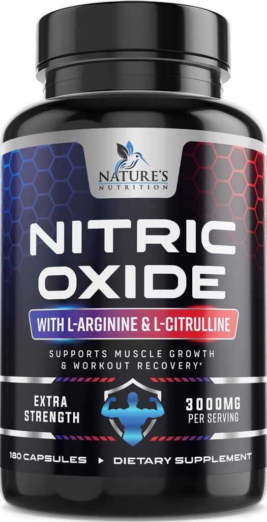 Kvælstoxid Booster Ekstra Styrke 3000mg - 3X Styrke L- Arginin & Citrullin, Bedste Kvælstoxid Kosttilskud til mænd, Understøtter Muskel, Heart Health, Energy Supplement, Flasket i USA, 180 Kapsler