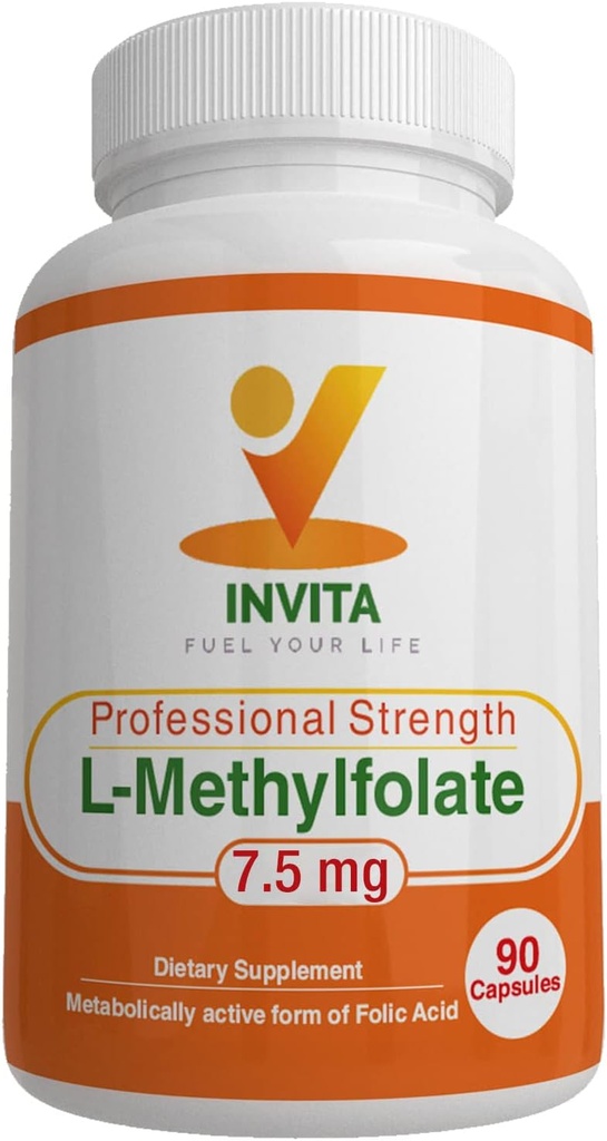 INVITA L- Methylfolat - Professional Strength Active Methyl Folate - 5-MTHF Supplement for Energy, Mood & immunsupport - Ikke GMO, Gluten Free, No Fillers (7,5 Mg)