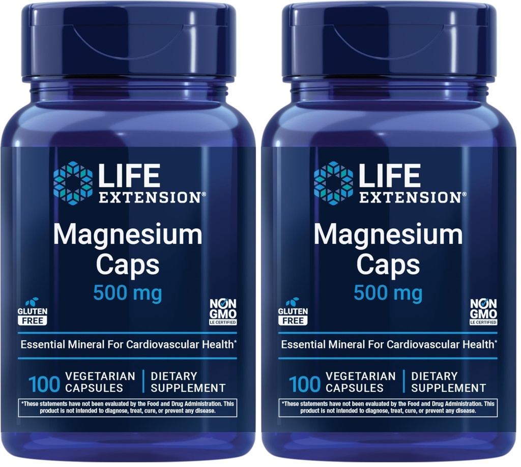 Life Extension Magnesium Caps, 500 mg, Magnesium Oxide, Citrat, Succinat, Heart Health, Sunde Knogler, Metabolisme Support, 100 Vegetariske Kapsler (pakke med 2)