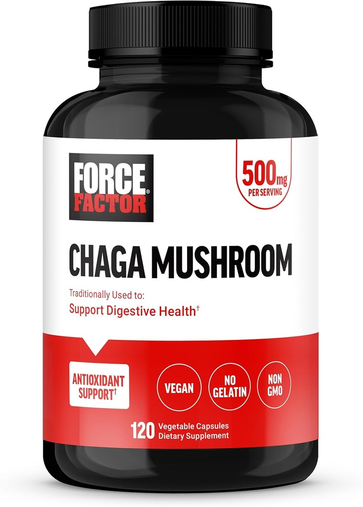 FORCE FACTOR Chaga svampe kapsler, svampe supplement til støtte Gut sundhed og fordøjelse, fremstillet af rigtige svampe, Vegan, ikke-GMO, 120 kapsler