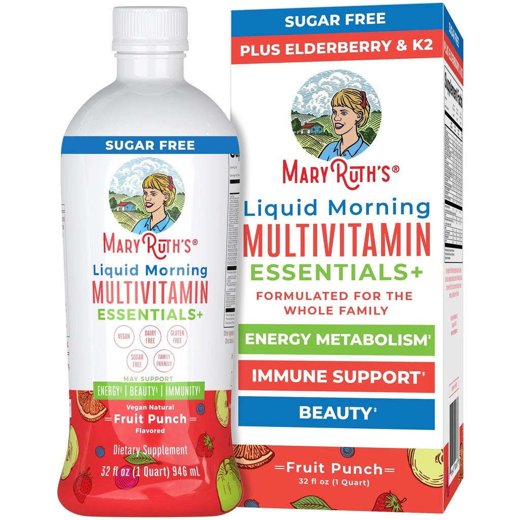 MaryRuth Organics Liquid Morning Multivitamin Essentials + Beeg 124; vitamin A C D E B6 B12 Biotin Zink, Herre Kvinder Multivitamin, immunforsvar, Beauty Memory 124; Sukker fri