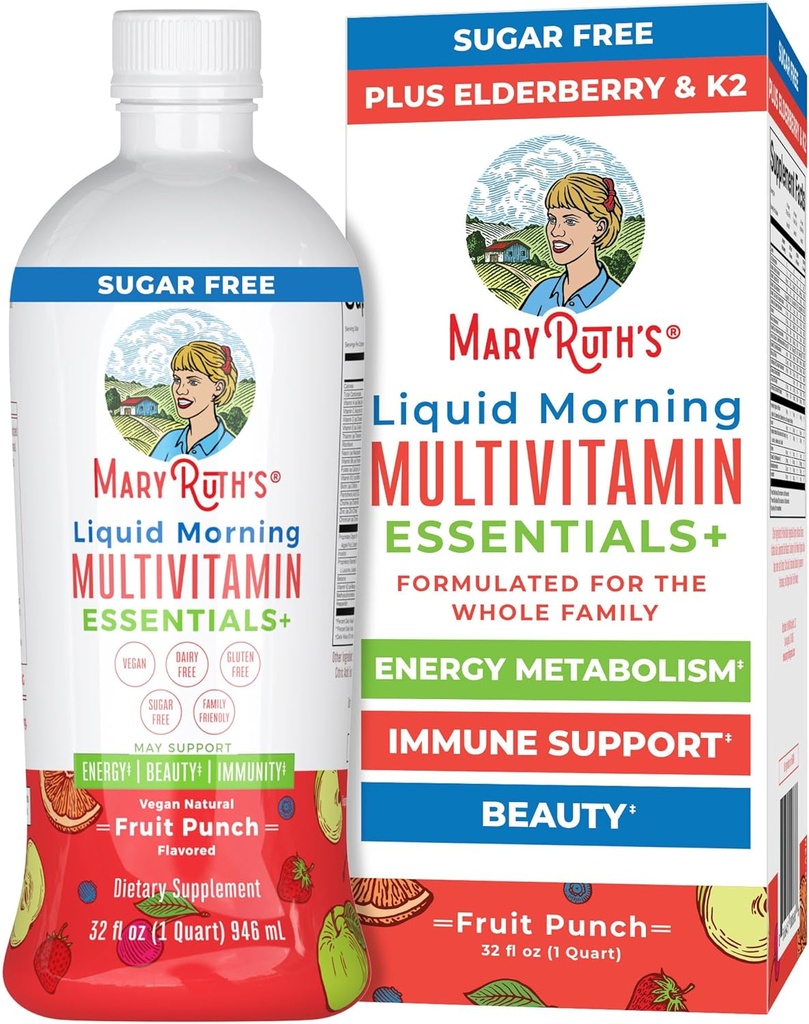 MaryRuth Organics Liquid Morning Multivitamin Essentials+ | Vitamin A C D E B6 B12 Biotin Zinc, Mens Womens Multivitamin, Immune Support, Beauty | Sugar Free | Vitamins for Ages 1+ | Vegan | 32 Fl Oz