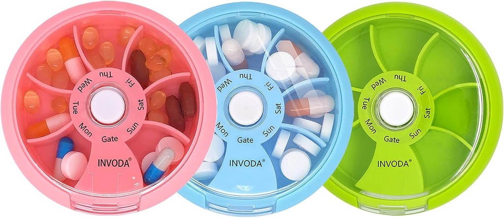 INVODA Weekly Pill Organizer 7 Segment Roterende Pill Box for Daglig Medicin & Vitaminer - Bærbar rejse Pill sag Fish Oil Kosttilskud Vitaminer Organizer (Pink + Sky Blue + grøn)
