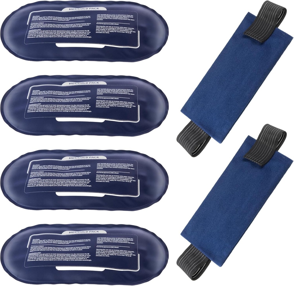 Ice Packs for Injuries Reusable, 4 Pack Hot and Cold Gel Packs and 2 Pack Adjustable Flexible Gel Wraps for Back Shoulders Arms Knees and Legs Injury Recovery, Alleviate Joint and Muscle Pain Relief
