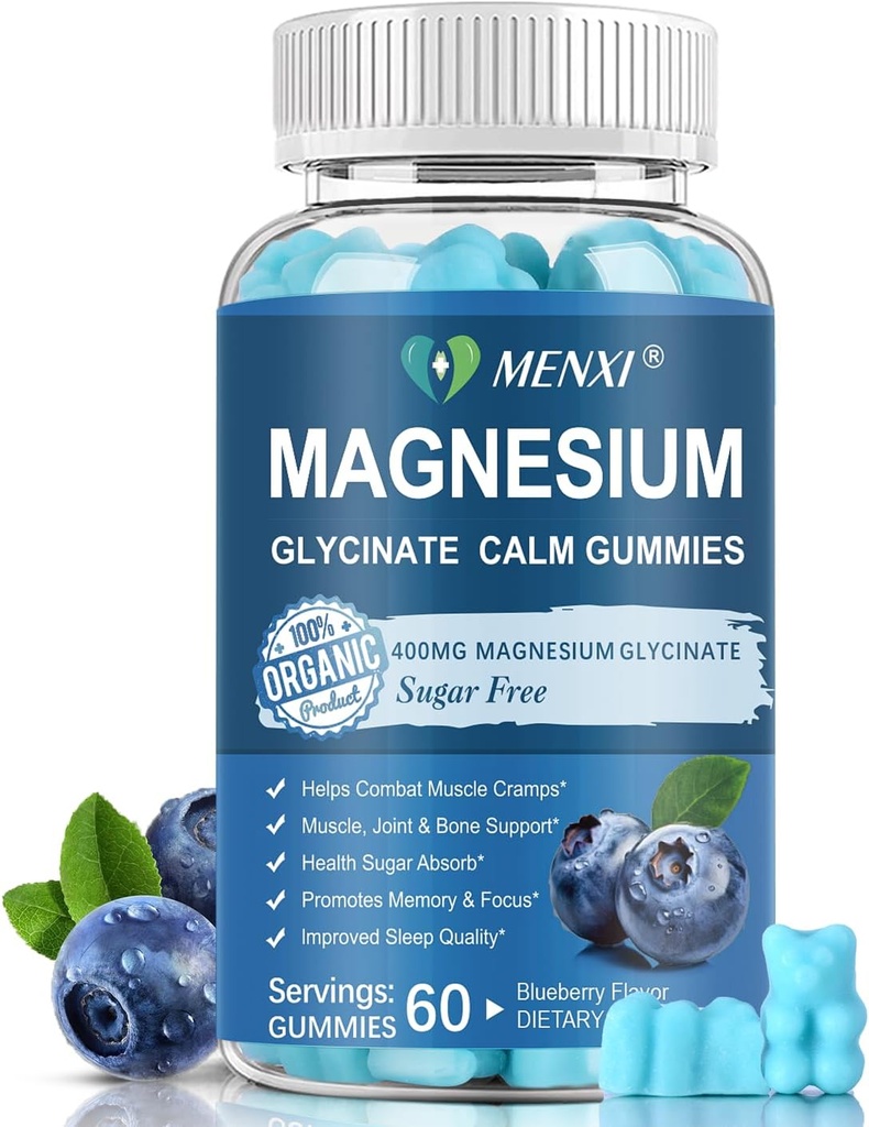 Magnesium Gummies 600mg per serving- Magnesium Glycinate 400mg og Magnesium Malat 200mg, Sugar Free Magnesium Kalium Supplement for Calm Mood, Muscle, Bone & Sleep Support, 60 Blueberry Gummies