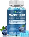 Magnesium Gummies 600mg per serving- Magnesium Glycinate 400mg og Magnesium Malat 200mg, Sugar Free Magnesium Kalium Supplement for Calm Mood, Muscle, Bone & Sleep Support, 60 Blueberry Gummies