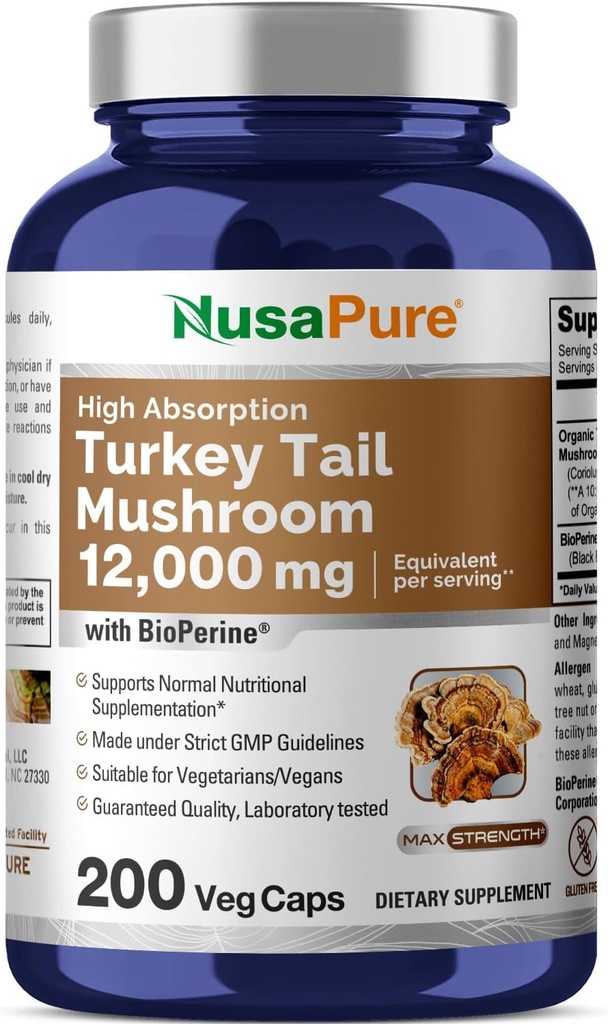 NusaPure Turkey Tail Mushroom Capsules, 10: 1 Extract, 1200 mg Ækvivalent med 12. 000mg, 200 Vcaps, Non- GMO, Gluten Free, Bioperine