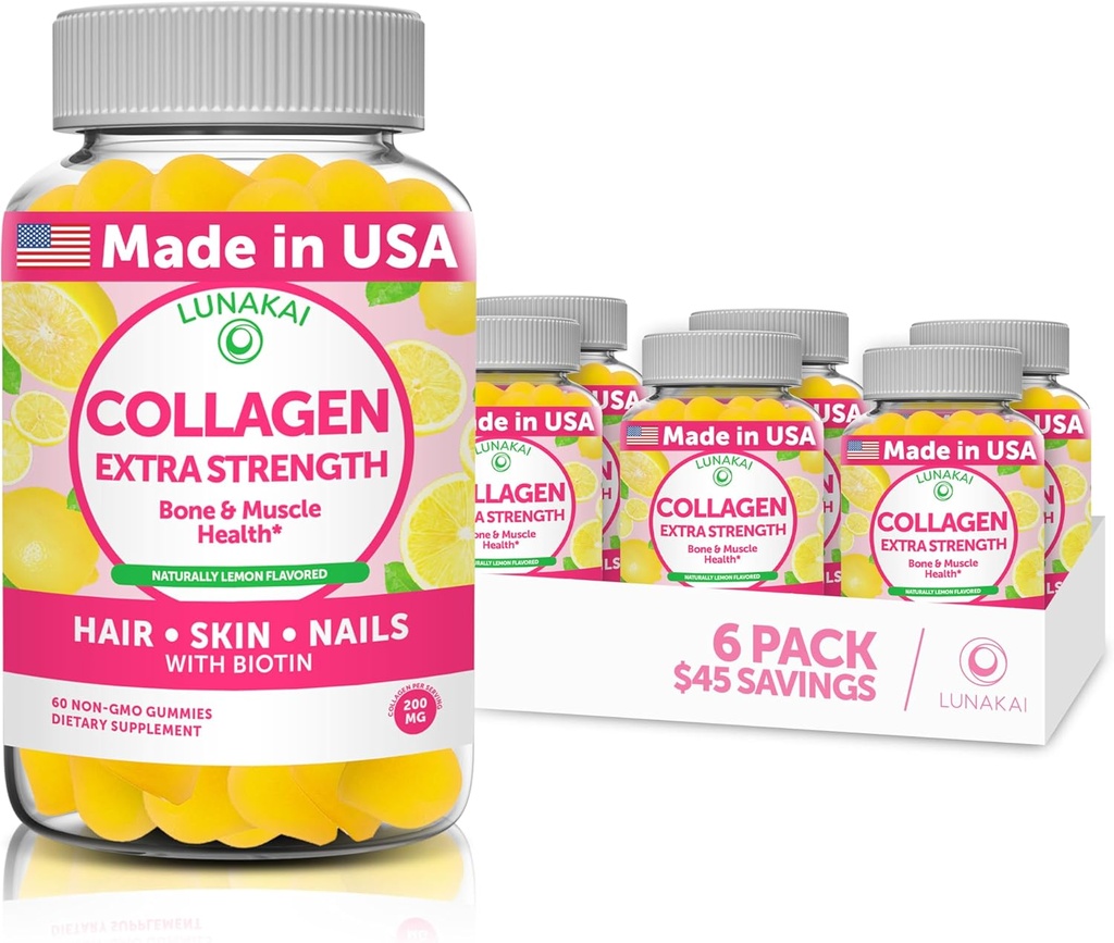 Lunakai Collagen Gummies - Tastiest Proprietary Formel - 200mg Hydrolyzed Collagen Gummies for Women and Men with Biotin, Zink, Vitamin C og E - Non- GMO Anti Aging Supplement for Women - 6 Pack