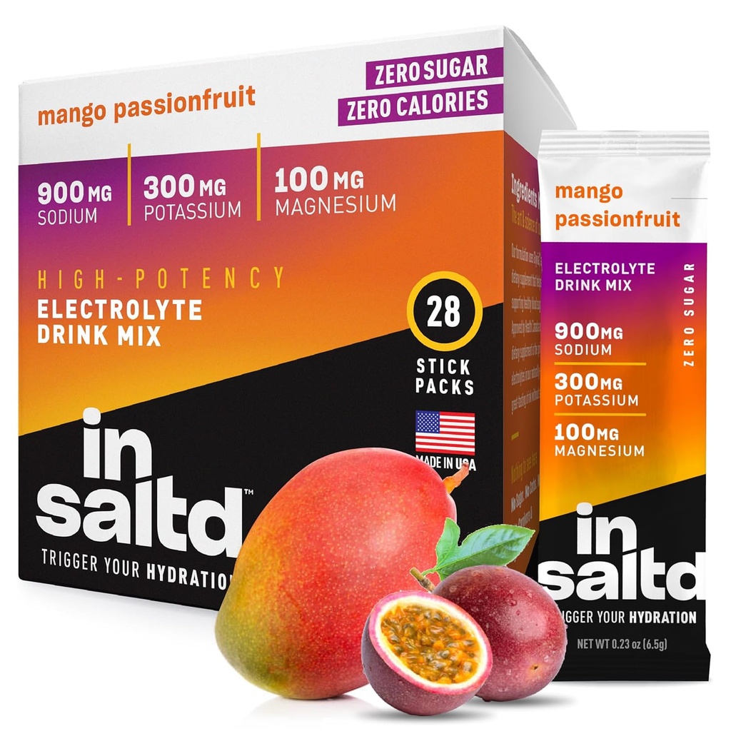 INSALTD ™ Sugar Free Electrolytes Powder Packets with No Stevia Aftersmage Dex124; High- Potency Hydration Packets Dex124; Keto Electrolyte Drinks Dexing Mix 124; 28 Pack (Mango Passionsfrugt)