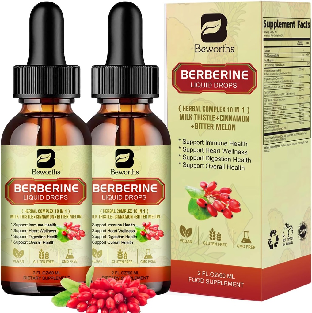 2Pack Berberine supplement - Berberine flydende dråber med Ceylon kanel, gurkemeje, Bitter Melon, Milk Thistle, Berberine HCL Supplement Aktiverer AMPK & GLP-1 til fordøjelsessystem support