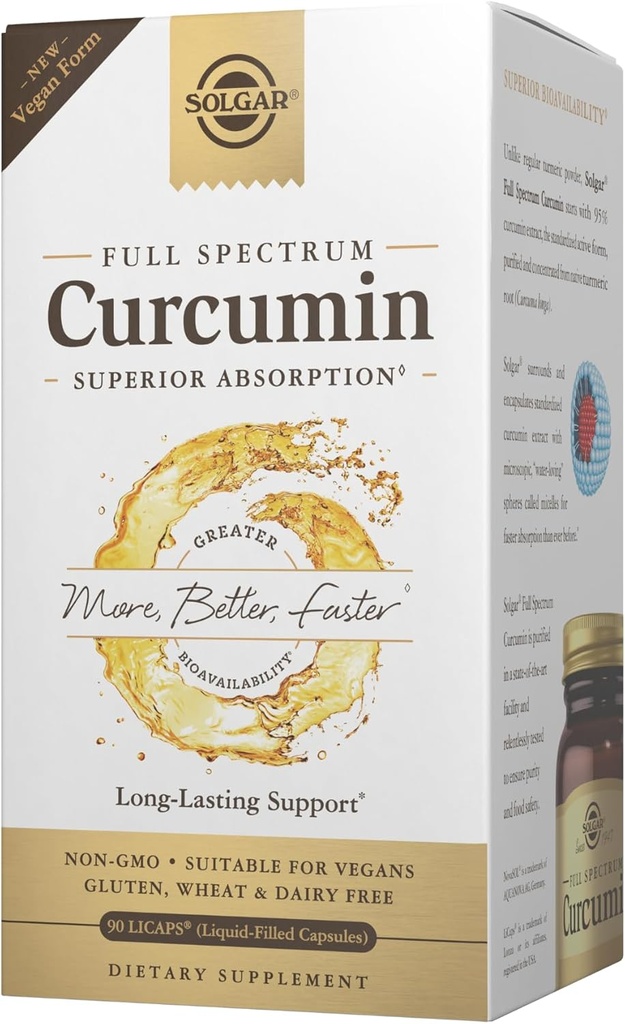 Solgar Full Spectrum Curcumin - 90 LiCaps - Superior Absorption - Brain, Joint & immunforsvar - Non- GMO, Vegan, Gluten Free, Dairy Free - 90 Servering