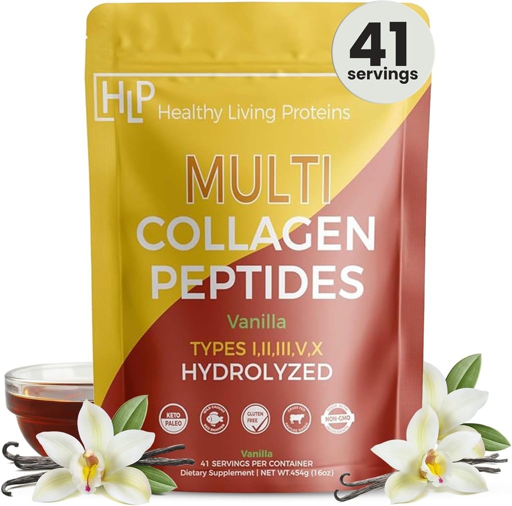 Sunde levende proteiner - Hydrolyzed Multi Collagen Peptider Powder Typer I, II, III, V & X - Græs Fed Kvæg, Vild fanget Marine, Free Range Chicken - Gluten Free (Vanilla, 16 oz)