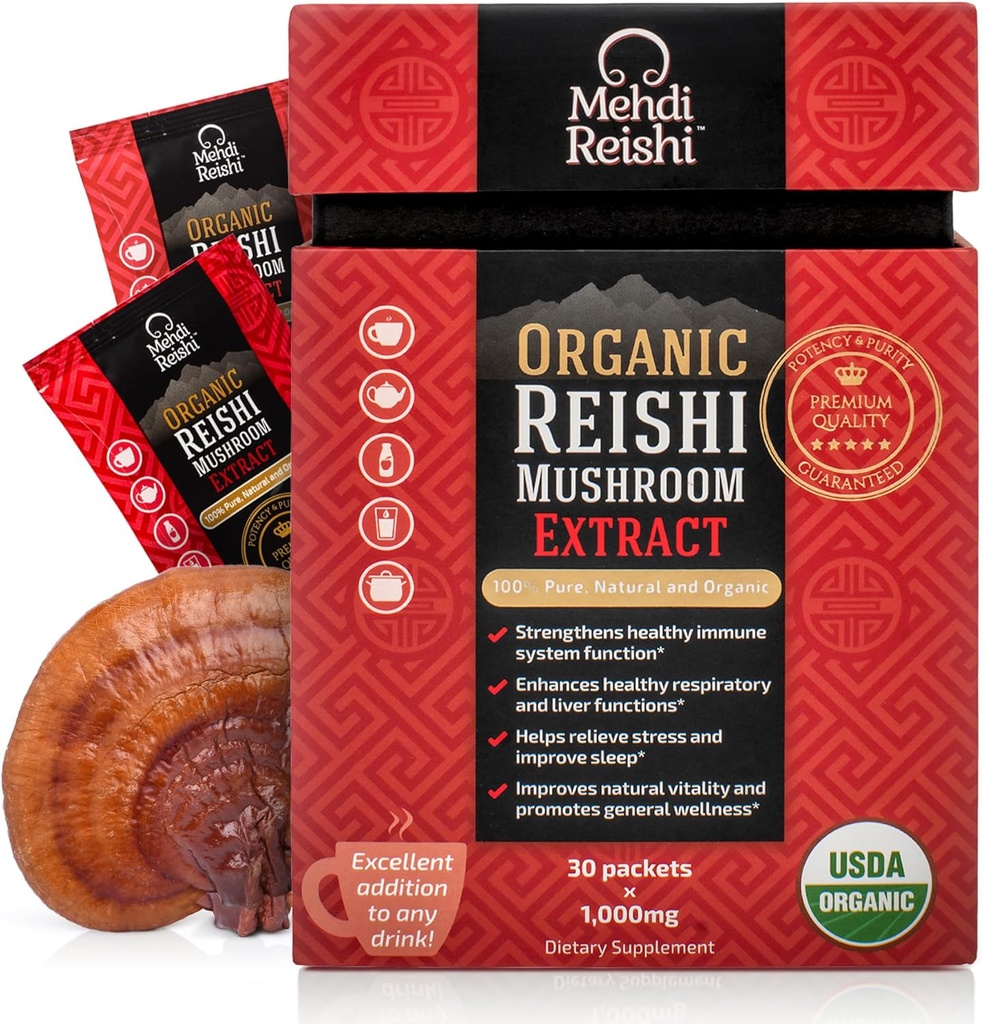 Organic Reishi Mushroom Extract Fruiting- Body Powder 35% Beta Glucan - 100% Pure, Premium og Organic -30 Services- Ganoderma Lucidum, Lingzhi, Tea