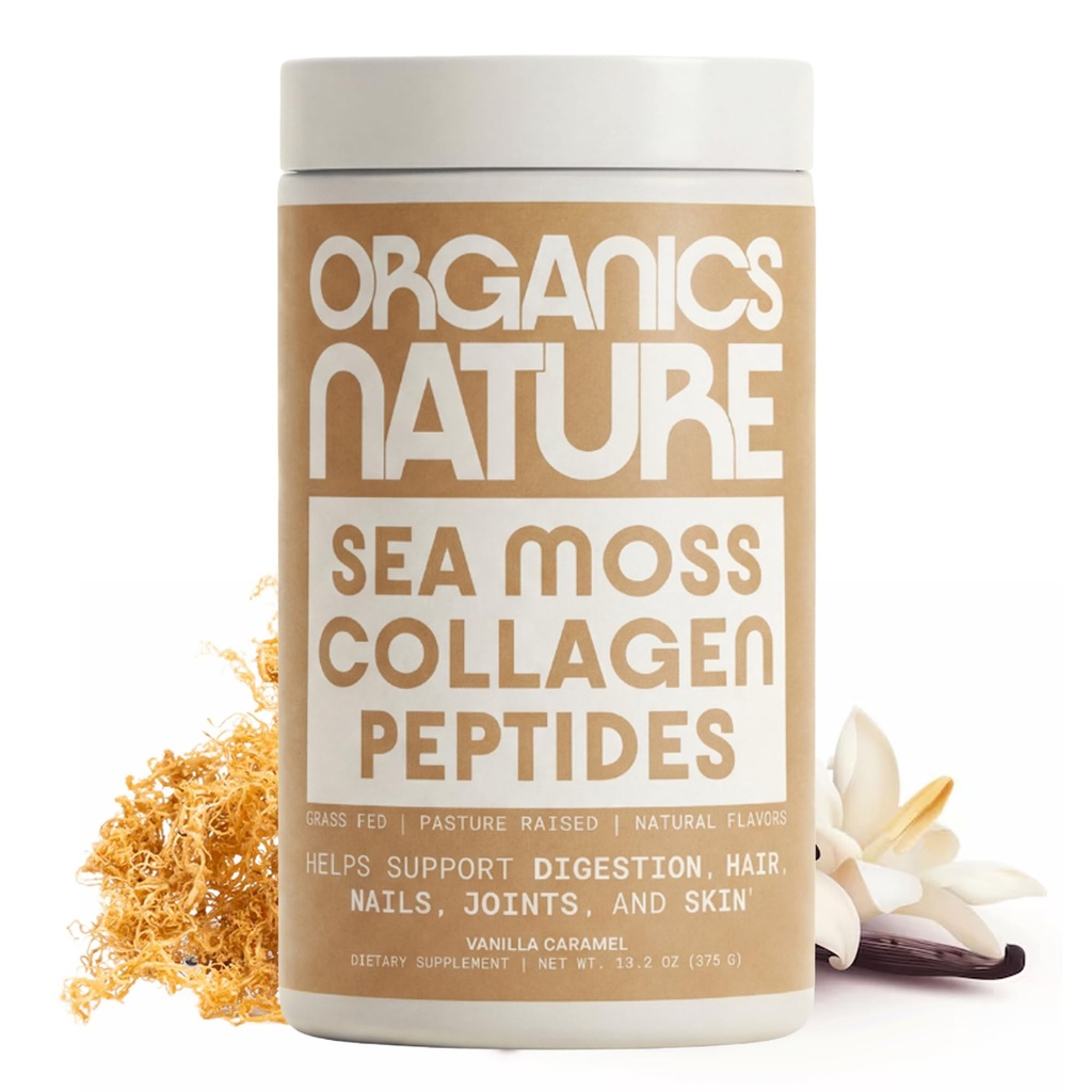 ORGANICS NATURE Collagen Peptides Powder with Irish Sea Moss Vanilla Caramel Flavored | Naturally Sourced Hydrolyzed Collagen w/Biotin for Hair, Skin, Nail, and Joint Support 30 Servings 380 gr