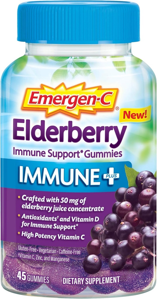Emergen- C Immun + Elderberry Gummies, 750 mg C-vitamin med D-vitamin, zink og elektrolyter, immuntilskud kosttilskud, koffein fri, Gluten fri, Elderberry flavor - 45 Greve