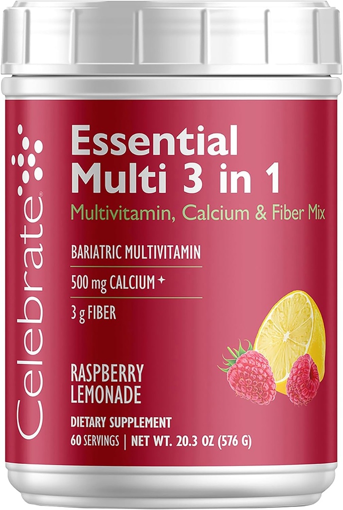 Celebrate Vitaminer 3- in-1 Bariatric Multivitamin med Calcium Citrate Drink Mix - 500mg Calcium, Gluten Free, Sugar Free - Powder Blend for Post Bariatric Kirurgi - Rasp Lemonade (60 Servere)
